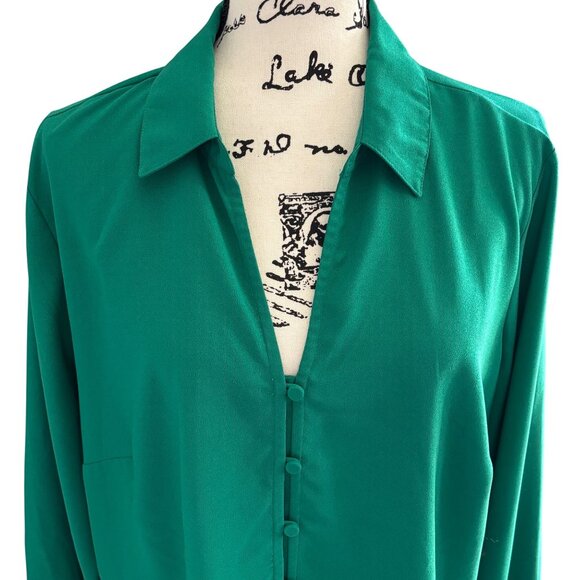 Ann Taylor Women's Emerald Green V Neck Blouse Sz XL Top Button Up Long Sleeve - Picture 5 of 9